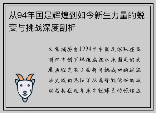 从94年国足辉煌到如今新生力量的蜕变与挑战深度剖析